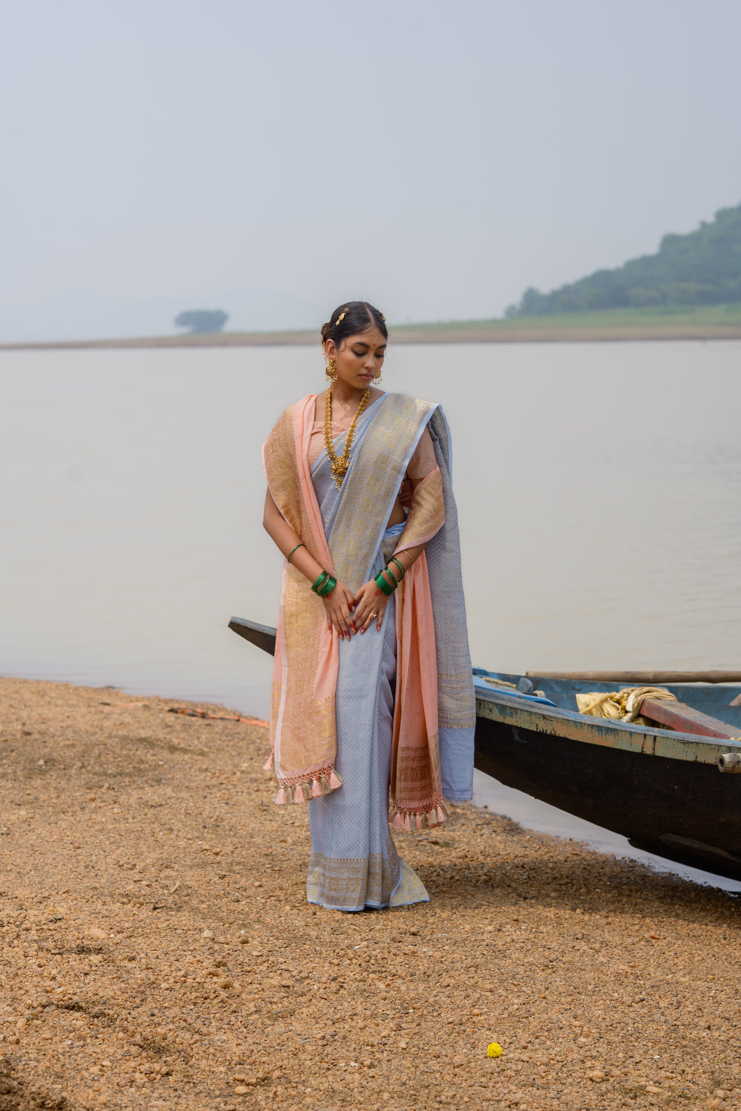 Enakshi River Whisper Saree – Ice Blue Georgette Banarasi Brocade dupatta