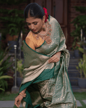 Load image into Gallery viewer, Shikargah weave on a pure silk base in classic bottle green tone - KALUVA