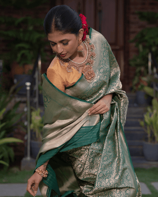 Shikargah weave on a pure silk base in classic bottle green tone - KALUVA