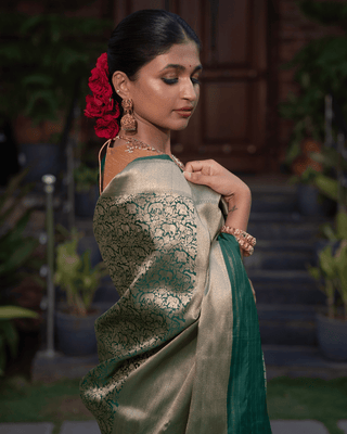 Shikargah weave on a pure silk base in classic bottle green tone - KALUVA