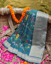 Load image into Gallery viewer, Rama Blue Jamdani Cotton with Meenakari, 100% Real Silver Zari