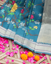 Load image into Gallery viewer, Rama Blue Jamdani Cotton with Meenakari, 100% Real Silver Zari