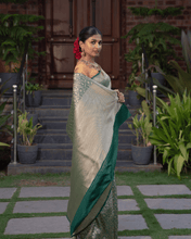 Load image into Gallery viewer, Shikargah weave on a pure silk base in classic bottle green tone - KALUVA