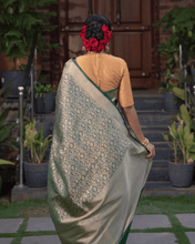 Load image into Gallery viewer, Shikargah weave on a pure silk base in classic bottle green tone - KALUVA
