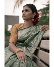 Load image into Gallery viewer, Shikargah weave on a pure silk base in classic bottle green tone - KALUVA
