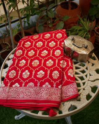 Classic Red Kadwa Jaal Banarasi Silk Saree with Sona Roopa Zari