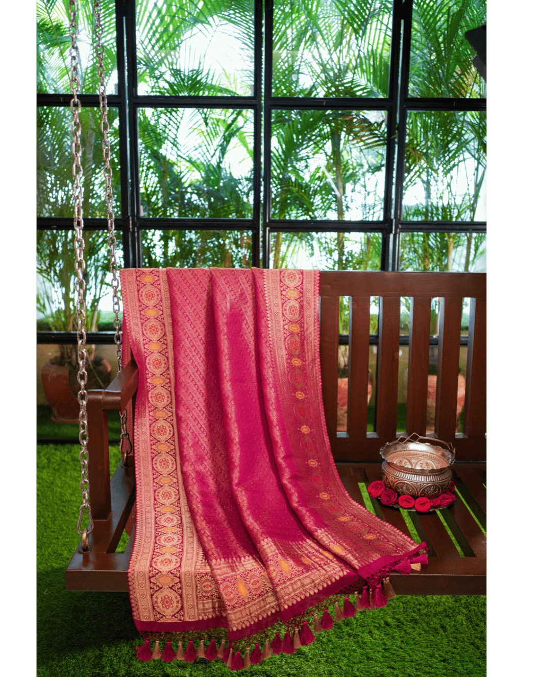Rani Pink Georgette Brocade Saree with Kadwa Meenakari Border