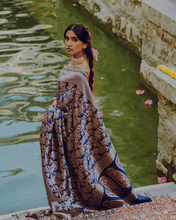 Load image into Gallery viewer, Royal Blue Meenakari Shikargah Banarasi Bridal Saree | ZARDOSI BANARASI