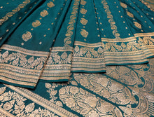 Load image into Gallery viewer, Peacock Blue Pure Satin Silk Cut Work Saree | Banarasi Collection