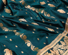 Load image into Gallery viewer, Peacock Blue Pure Satin Silk Cut Work Saree | Banarasi Collection