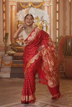 Load image into Gallery viewer, Satin Silk Cut Work Banarasi Saree | Sindhoor Khela Edit