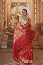 Load image into Gallery viewer, Satin Silk Cut Work Banarasi Saree | Sindhoor Khela Edit