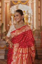 Load image into Gallery viewer, Satin Silk Cut Work Banarasi Saree | Sindhoor Khela Edit