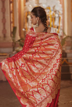 Load image into Gallery viewer, Satin Silk Cut Work Banarasi Saree | Sindhoor Khela Edit